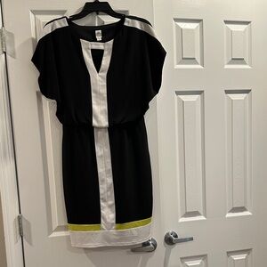 Signature by Sangria Black and White Mini Dress with Yellow Trim